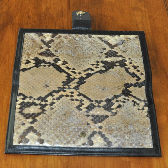 Vintage Real SNAKE SKIN Beige/Brown Bi-Foldover FLAP Clutch Black Leather Purse - Picture 3 of 5